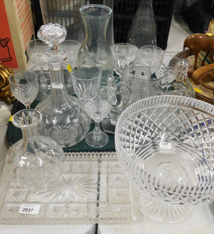 Glassware, to include a decanter, drinking glasses, pedestal bowl, long stem vase, jug, dressing
