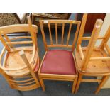 A quantity of kitchen chairs, and stools, the chairs with red leatherette seats, etc. The upholstery