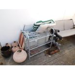 A garden bench with metal ends, metal shoe rack, various terracotta pots, etc. (a quantity)