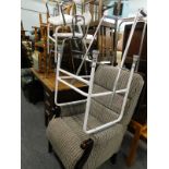 A quantity of mobility aides, an upholstered The Morris Furniture Company armchair, various