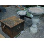 Two bird baths and a green metal storage box. (3)