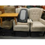 A pair of The Morris Furniture Group wingback armchairs, a swivel office type chair, and a light oak