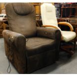 A modern cream leather upholstered swivel office chair, and an electric reclining armchair in