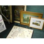 Various pictures, prints, etc., to include map of Great Britain in wrought iron frame, print of