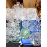 Various moulded glassware, cut glass basket, other glassware, etc. (2 trays and other)