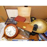 London Clock Company mantel clock in Perspex and wooden case, circular wall clock and various weight