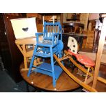 A child's high chair, a Baby Ella rocking horse, child's desk and a toy box. (4)