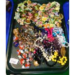 Costume jewellery and effects, beads, clip and other ceramic floral brooches, etc. (1 tray)