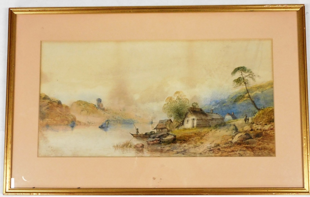 Edwin Earp (20thC School). Cottage scene by river and lakes, watercolour, 23.5cm x 47.5cm.