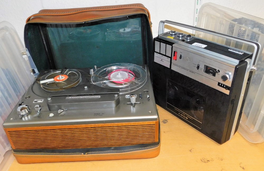 A Sony 4 stereo cassette player and a Tandberg series 84 four track tape deck, in carry case.
