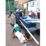 Various garden items, a compost machine with removable lid 123cm high, large trolley, etc. (a quanti