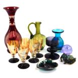 A group of glassware, including five mid century lustre liquor glasses, Mdina glass vase, Langham gl