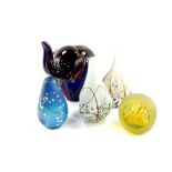 A Mtafa glass figure of an elephant, two Mtafa iridescent glass vases with trailled decoration and t