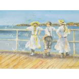 Jean Robinson RI (British, 21stC). Victorian children on a seaside promenade, mixed media, signed, d