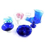 An early 19thC cut glass rummer, Bristol and other blue glassware, a Fossheim Nordkapp candle holder