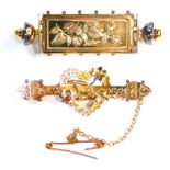 Two bar brooches, comprising a 9ct gold Edwardian bar brooch, with central heart and leaf decoration