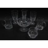 A group of Waterford crystal glassware, including a pair of ale glasses, vases, and a sweet meat dis