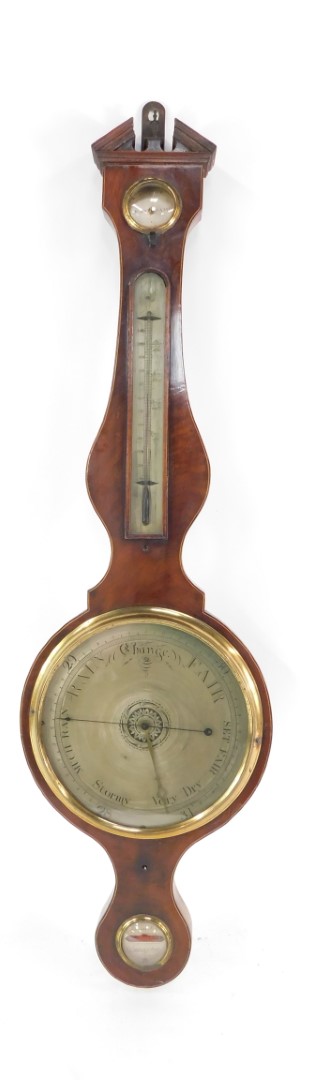 B Verga & Son Warranted. A late 19thC mahogany and boxwood strung four dial wheel barometer, in a br