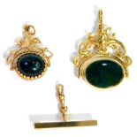 Two swivel agate fobs and a bar brooch, comprising a 9ct gold swivel agate pendant, with green and c