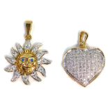 Two 9ct gold pendants, comprising a heart shaped pave set pendant, set with various imitation diamon