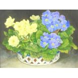 Meg McConthy (British, 20thC). Still life of violets in an oval basket, oil on board, signed, verso