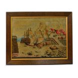 A 19thC wool work picture, of sailing boats in a harbour, oak framed, 29.5cm high, 39.5cm wide.