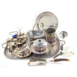 Various silver plated wares, a large oval tray with line and leaf border, 68cm wide, a cruet set, ba