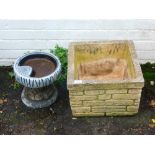 Various planters etc, a plinth base raised with fruit 40cm high, circular concrete planter, various