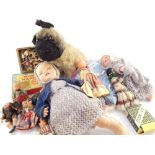 Various soft toys and effects, including a mid 20thC Petite doll, part clothed in a woollen outfit w