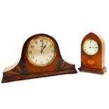 An Edwardian mahogany and inlaid mantel clock, circular enamel dial bearing Roman numerals, clockwor