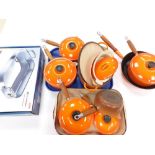 Various Le Creuset kitchen ware and pans, frying pan, 30cm diameter, other lidded pans, lidded turee