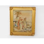 An early 19thC petit point picture, depicting figures and animals in a desert, gilt framed, 52.5cm h