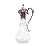 A Victorian cut glass silver plate mounted claret jug, with mask head spout and hinged lid, opening