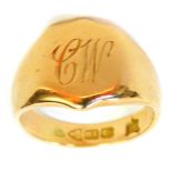 An 18ct gold signet ring, the central shield crest bearing the initials CW, Chester assay but dates