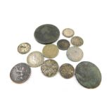 A George III penny, trade token, silver threepenny bits and other coinage. (a quantity)