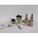 A modern silver trefid spoon, with rat tail, silver plated cruets, cruet pieces, etc.