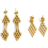 Two pairs of 9ct gold earrings, comprising a multi link diamond shaped pair with drop 3cm high with