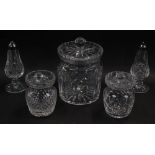 A group of Waterford crystal, comprising a biscuit barrel, pair of preserve pots and covers, and a p