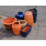 Various fire clay and other stone trough planters, a sectional blue glazed planter, part vase pot 2