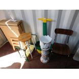 Garden spreader, stool, garden kneeler, video cabinet (boxed) and pottery jardiniere on stand. (a q