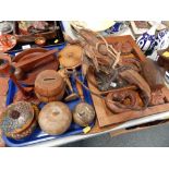 Various treen, carved and other, glazed apple, coopered style barrel money box, Scandinavian figures