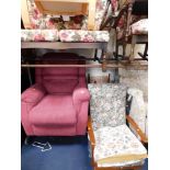 An electric reclining armchair, upholstered in pink fabric, together with a two piece cottage suite.