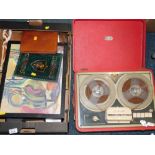 A worked leather book cover, prints, pictures, vintage case Princess reel to reel recorder, etc. (a