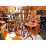 Four spindle and splat back kitchen chairs, wine table and small jardiniere stand. (6)