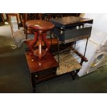 A reproduction oak telephone seat/table, small jardiniere stand and a Dansette portable record playe