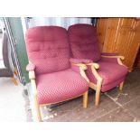 Two open armchairs, with scroll arms and sabre front legs, with overstuffed diamond material, with s