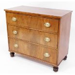 An early 19thC mahogany chest of drawers, with three long drawers with brass shell handles on turned