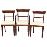 Three 19thC mahogany dining chairs, to include a mahogany back carver chair, with drop in cream upho
