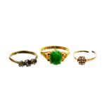 Three dress rings, to include a gold and seed pearl set dress ring, cut yellow metal unmarked, 0.7g,