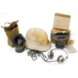 A group of military items, to include Erikson Beeston Notts, BBC a set of headphones, a cased gas ma